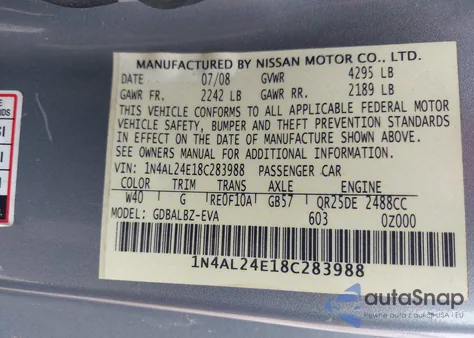 2008 Nissan Altima 2.5 S z USA, uszkodzony, nr VIN 1N4AL24E18C283988